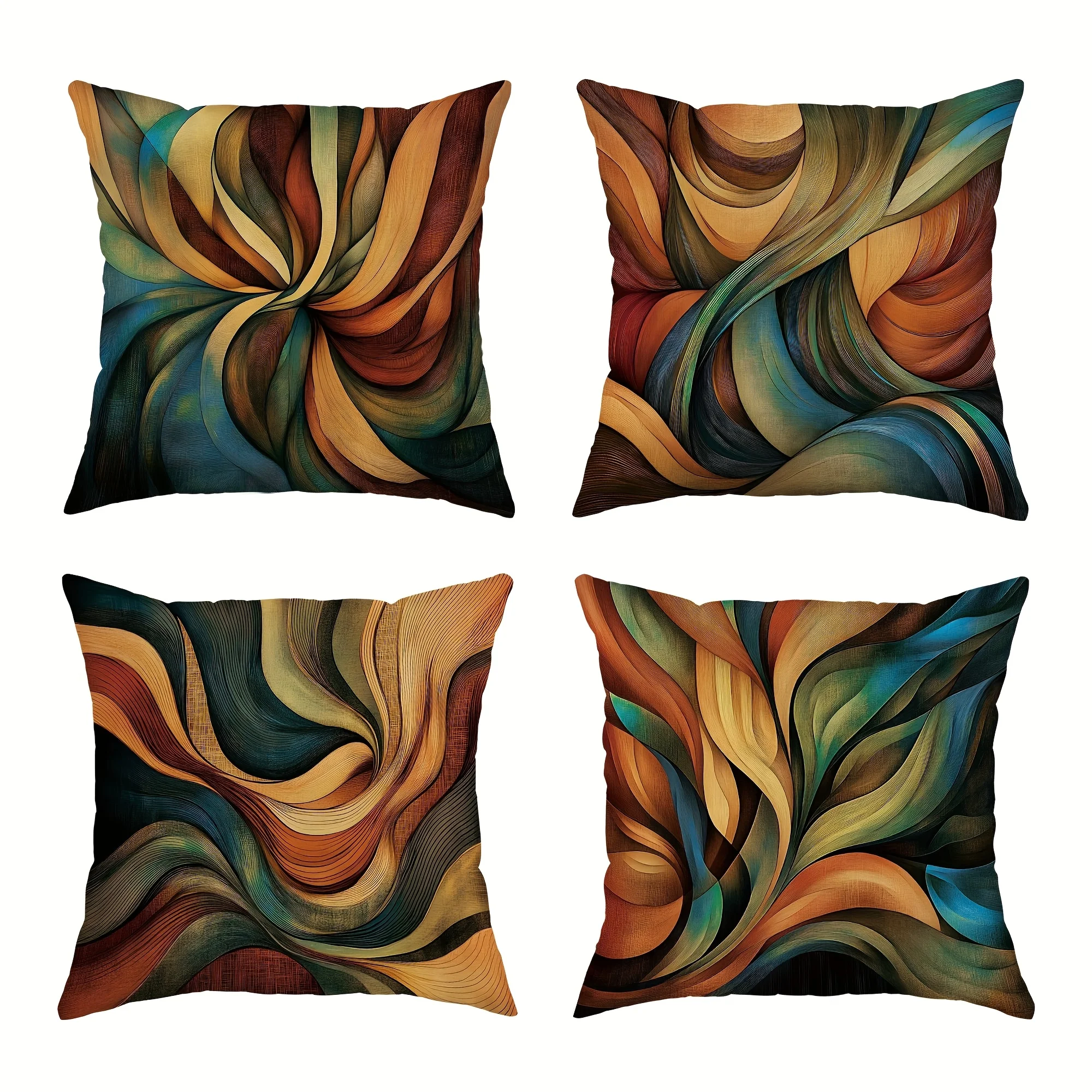 4 piezas  fundas  almohada  abrazo floral y eucalipto abstracto - Diseño ondulado  ver oliva, blanco, naranja y azul,