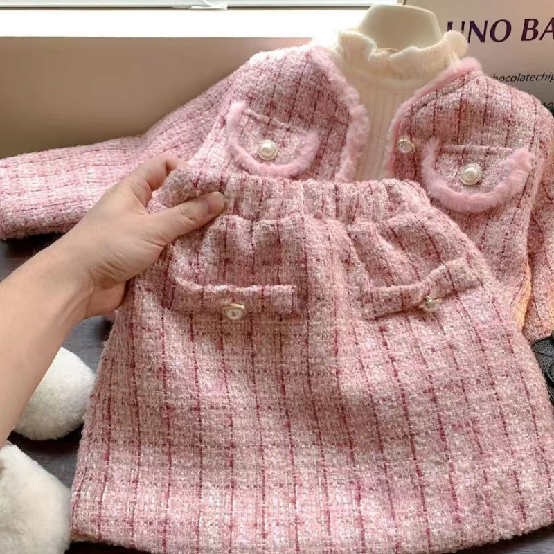 Autumn Winter Clothing New Girls' Small Fragrant Style Cotton Jacket Half Skirt Two-piece Set, Thickened and Stylish Set