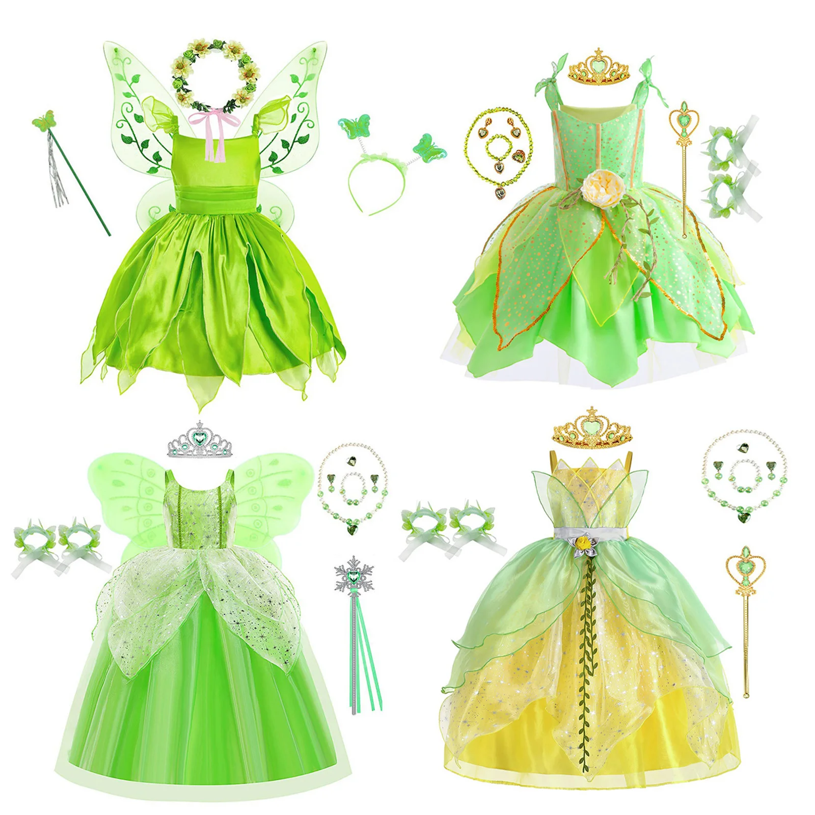 Kids Girls Princess Dress with Hair Hoop Wand Wings Costume Set for Halloween Role-play Cosplay