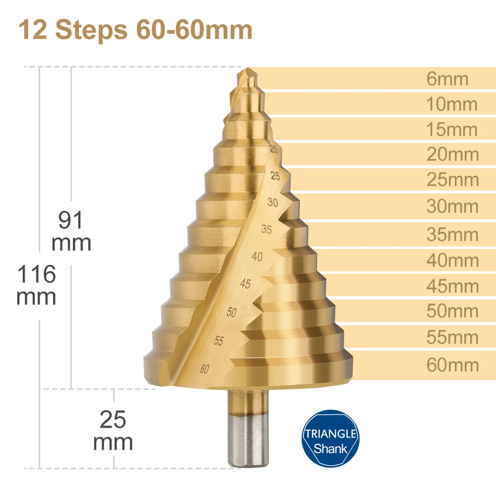 CMCP Step Drill Bit Spiral Groove Pagoda Hole Cutter 6-60mm Metal Sheet Cone Drill Bit Triangular Shank Step Hole Opener Reamer