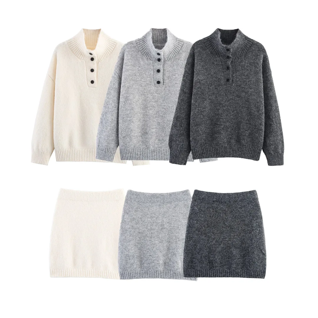 

Пуловер с высоким воротом и полуоткрытыми пуговицами, вязаный свитер, комплект с короткой юбкой, вязаный свитер с длинными рукавами + вязаная мини-юбка для женщин