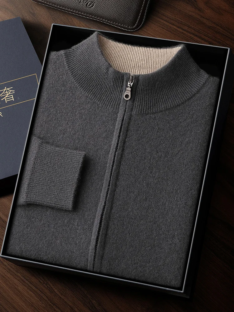 Men's Mock Neck Cashmere Cardigan Zippers Sweater 100% Cashmere Knitwear Smart Casual Air Layer Luxury Thick Tops Autumn Winter