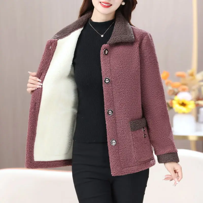 Autumn Winter New Mother High-End Fleece Thickened Granular Fleece Jacket Mother Clothing Autumn Winter Fur Wool Jacket Khaki
