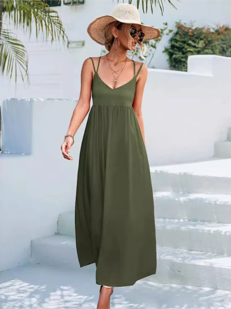 Spring Summer New Women's Solid Color Sexy V-neck Open Back Lace Up Sleeveless Hanging Strap A-line Dress Long Beach Dress