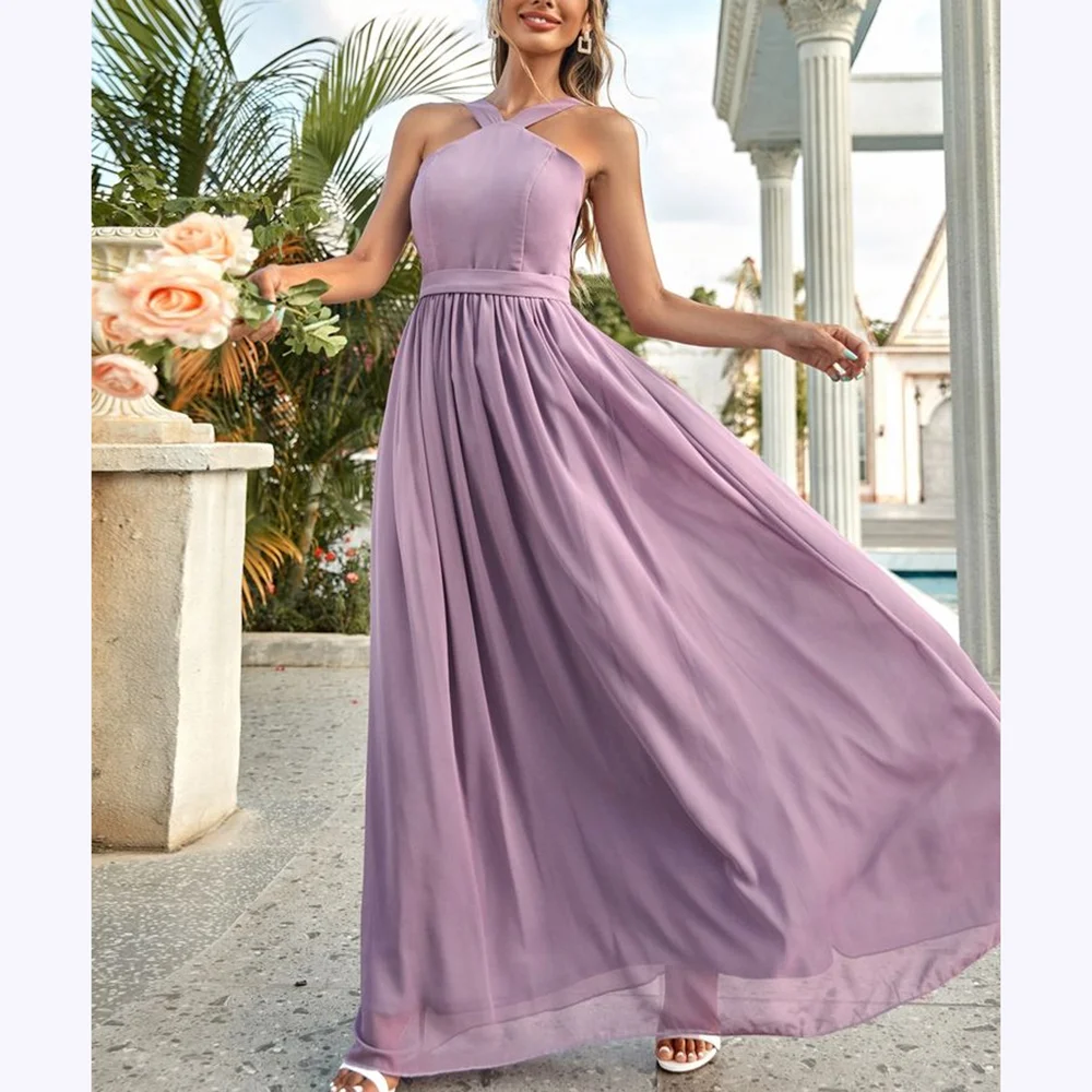 

Простой стиль, платья для выпускного вечера, шикарные плиссированные длинные платья без рукавов с лямкой на шее, длиной до пола, изысканное элегантное платье для торжественных случаев