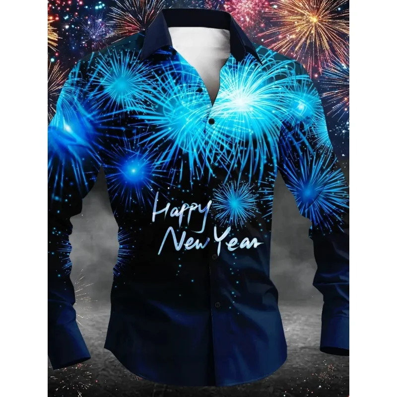 Fireworks Champagne Pattern Hawaiian Shirts For Men Happy New Year 3D Printed Aloha Shirts Casual Loose Long Sleeve Tops Blouses