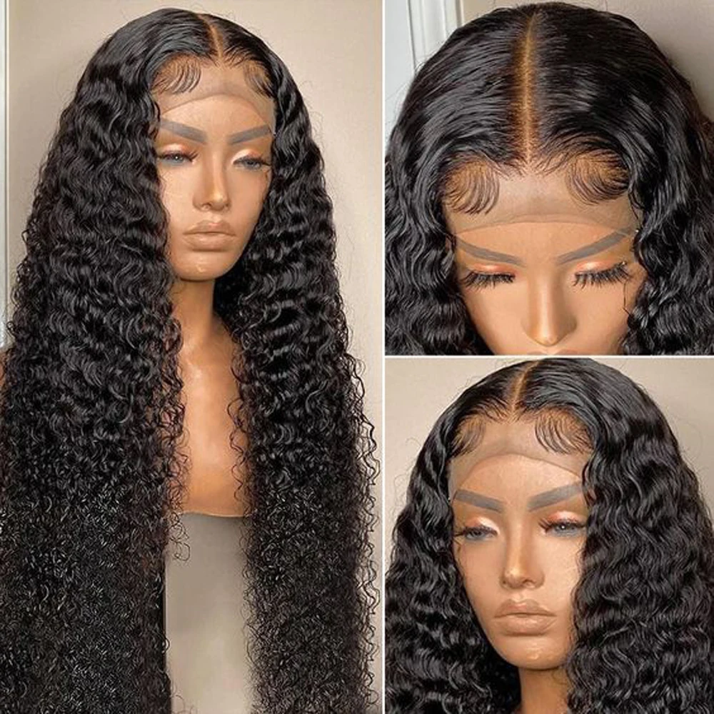 PrePlucked Deep Part Soft 180 Density Long Glueless Black 26 inch Kinky Curly Lace Front Wigs For African Women Babyhair Daily