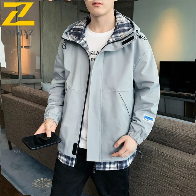 COMXZ Men Hooded Jacket 2025 Grid Splicing Outdoor Windproof Adventure Hiking Camping Hunting Jackets Autumn Adventure Outerwear