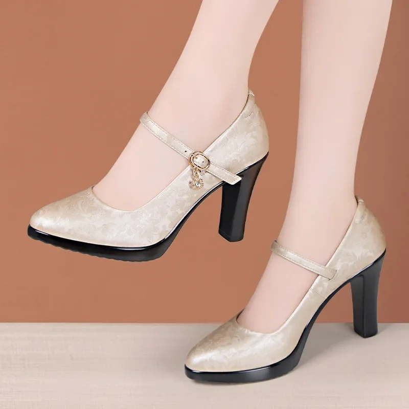 10cm Small Size 32-43 Shallow Embroider Leather Shoes Platform Pumps Fall 2024 Block High Heels Shoes for Office Model Mom