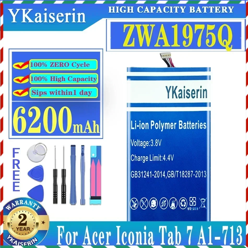 

Аккумулятор ykaisсеребрин ZWA1975Q, 6200 мАч, для Acer Iconia Tab 7, планшетов 7, планшетов с фотоэлементами, ZAW1975Q 1/ICP3/6 1/127, аккумулятор + Бесплатные инструменты