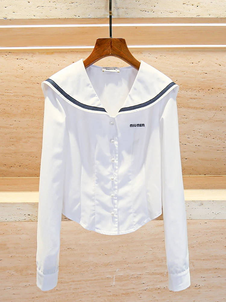 

Ele Navy Collar Embroidered irt Women's Top Ladylike Commute Sle Straight Cut Long Sve ort Length Striped Pattern