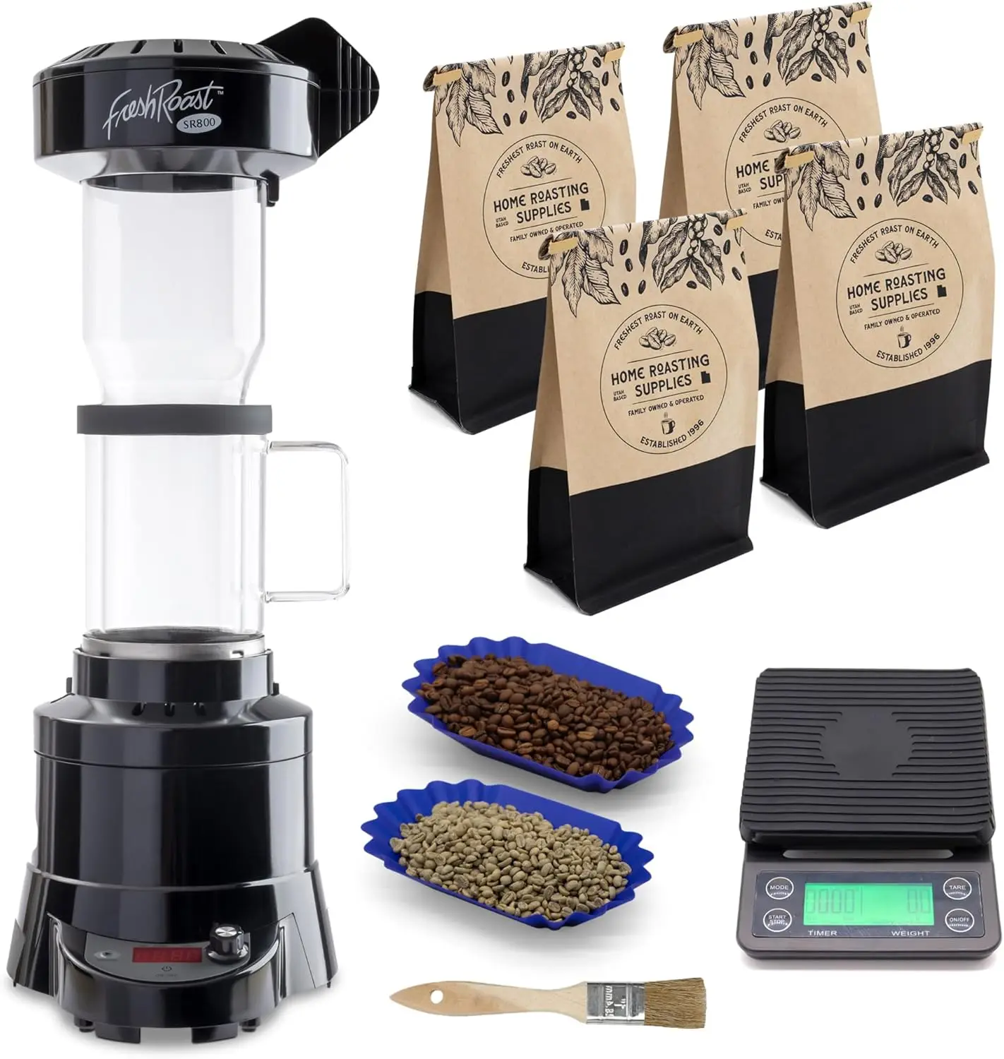 Coffee Roaster Bundle SR800, Glass Extension Tube, Pour Over Digital Scale, (4lbs) Sample Pack of Green Beans, (2-Pack) Sample T