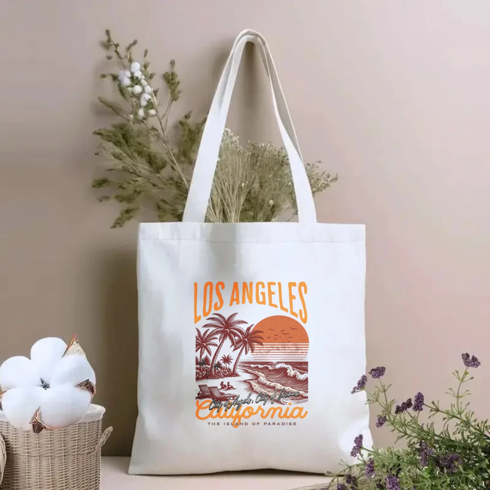 Bolsa de Lona com Estampa de Praia Tropical Floripa, Bolsa de Ombro Feminina, Bolsa Colorida para Férias e Uso Casual