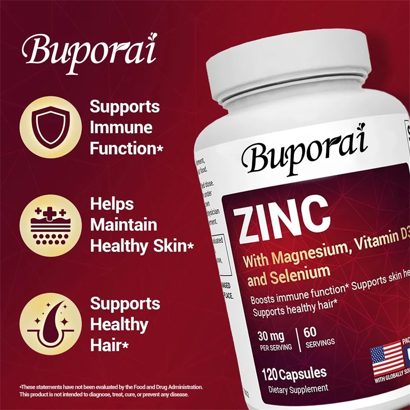 Zinco com magnésio, vitamina D3, selênio - ajuda a melhorar a saúde da pele, do cabelo e das unhas, aumentar a imunidade e melhorar a vitalidade da pele