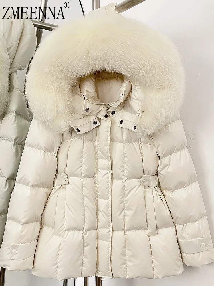 

ZMEENNA женская элегантная пуховая куртка с роскошным съемным меховым капюшоном, теплая зимняя верхняя одежда, модная ZM4523