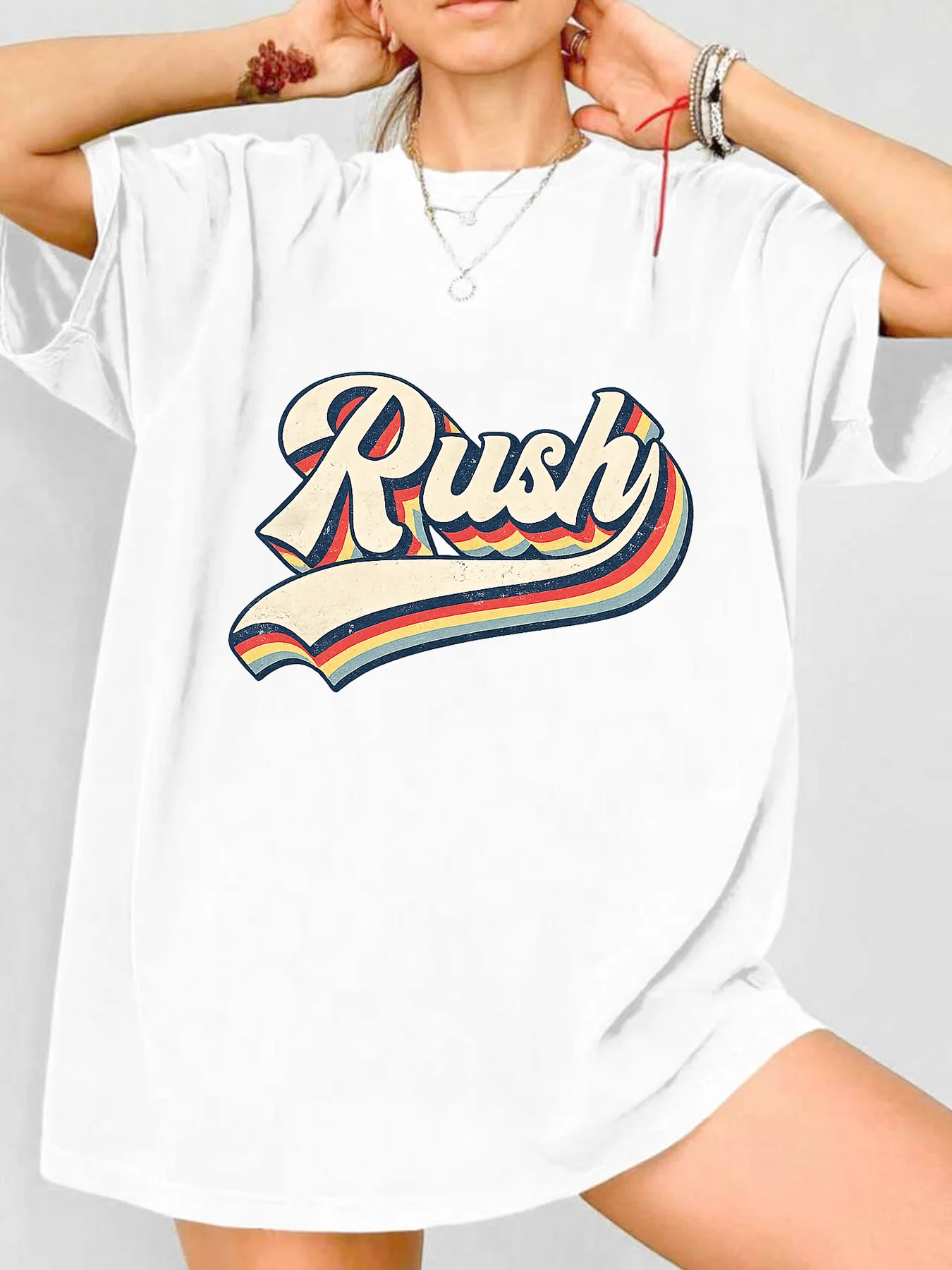 

【WDS00116】Plus size women's round neck short sleeve T-shirt with elastic half sleeves and trendy prints