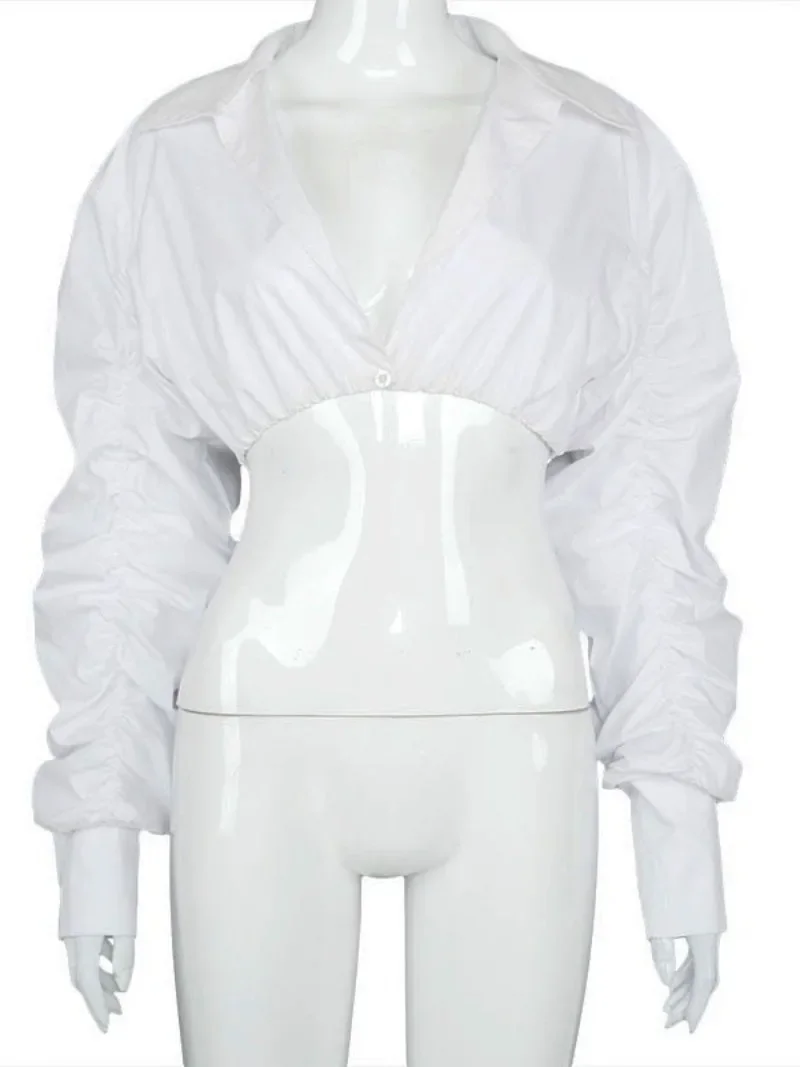 Spring New Women's Sexy Bandeau Umbilical Exposed Long Sleeve Deep V-Neck Top Shirt Loose Sleeve Women's Solid Top Independent