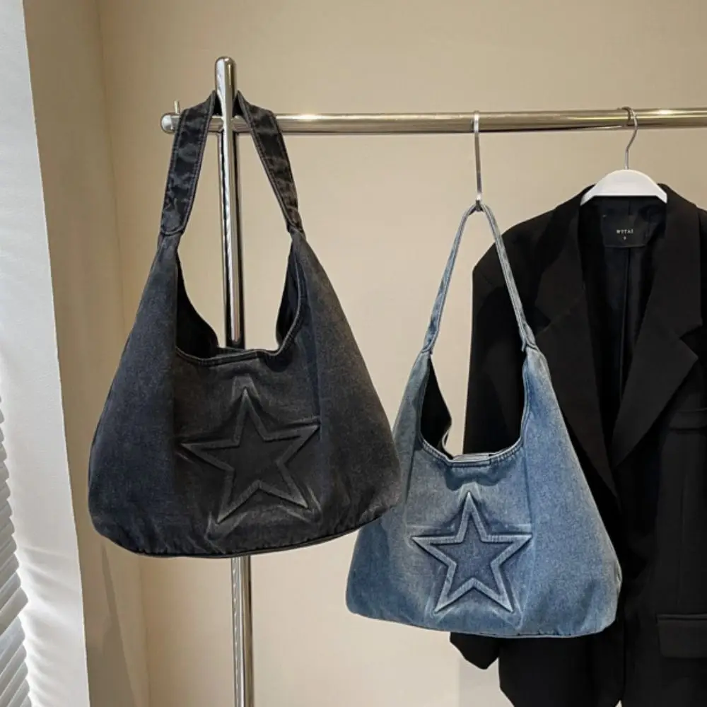 

Casual Leisure Denim Tote Bag Large Capacity Star Pattern Canvas Shoulder Bag Harajuku Hobo Bag Women Handbag Lady