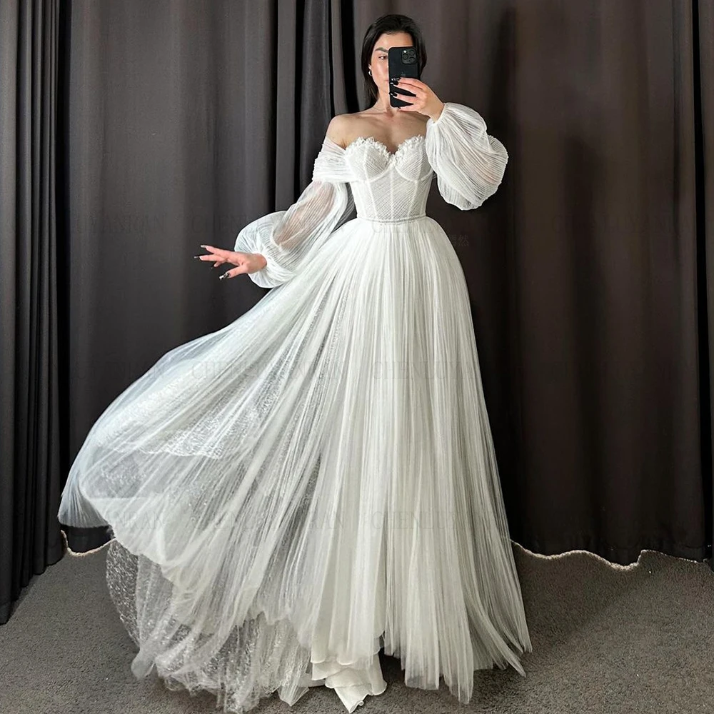 

Tulle Lace Wedding Dresses Sweetheart Long Bride Dresses Full Sleeves Pleat A-Line Sexy Dresses For Women 2023 Robe De Mariée