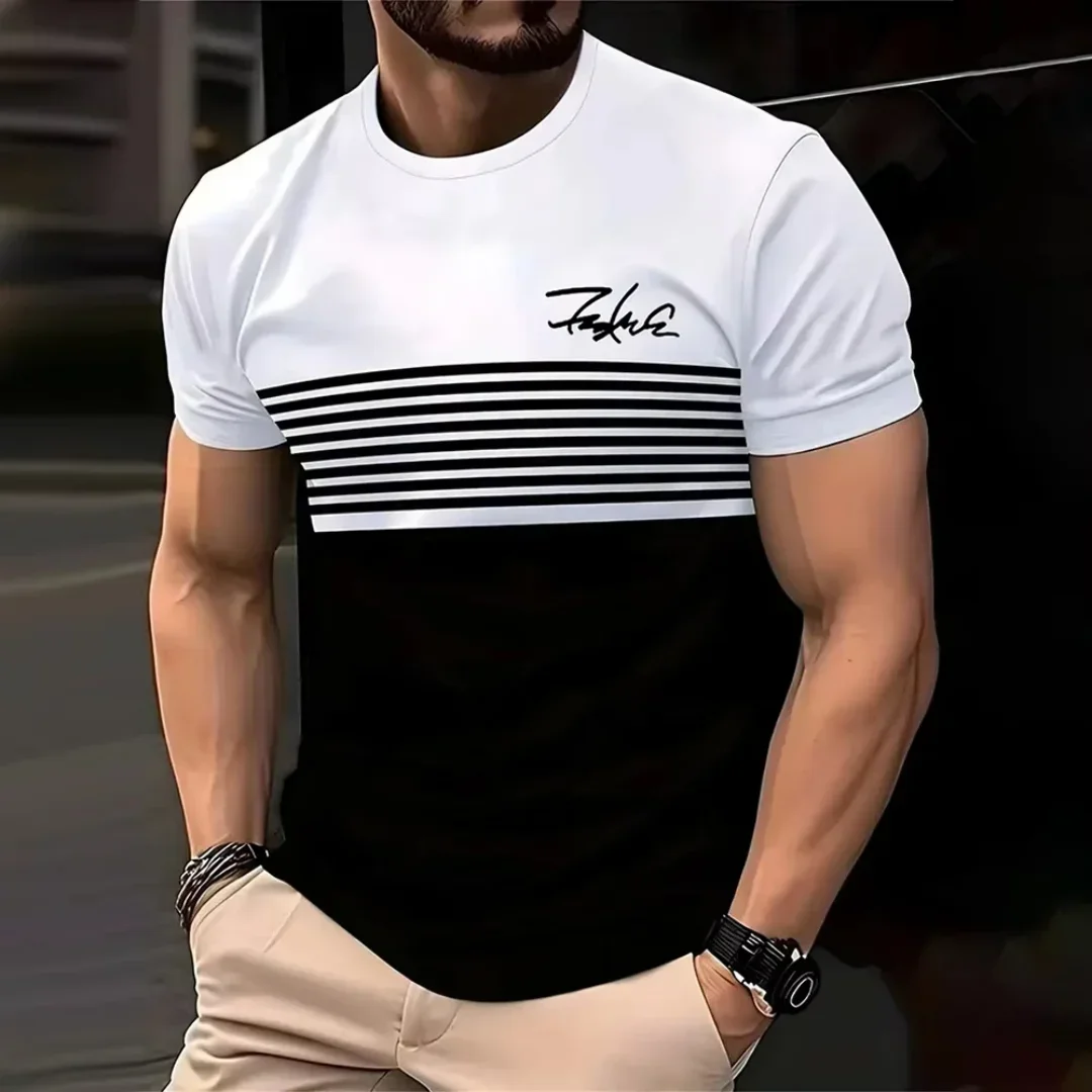 Neu eingetroffen: Gestreiftes Grafik-T-Shirt für Herren – Lässiges, bedrucktes Kurzarm-Oberteil für den Alltag im Oversized-Look