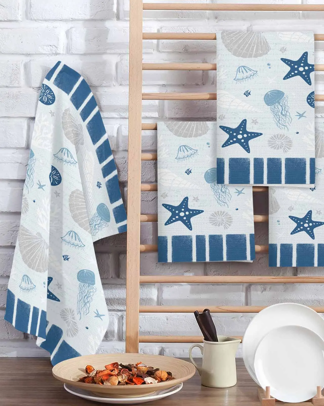 Starfish Shell Jellyfish Coral Conch Blue 30*30cm Waffle Microfiber Kitchen Towel Soft Cleaning Cloth Scouring Pad Wiping Rag