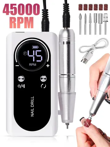 Professional 45000RPM Electric Portable Nail Drill Machine Rechargeable Low Noise Nail Sander File for Manicure Salon Tool