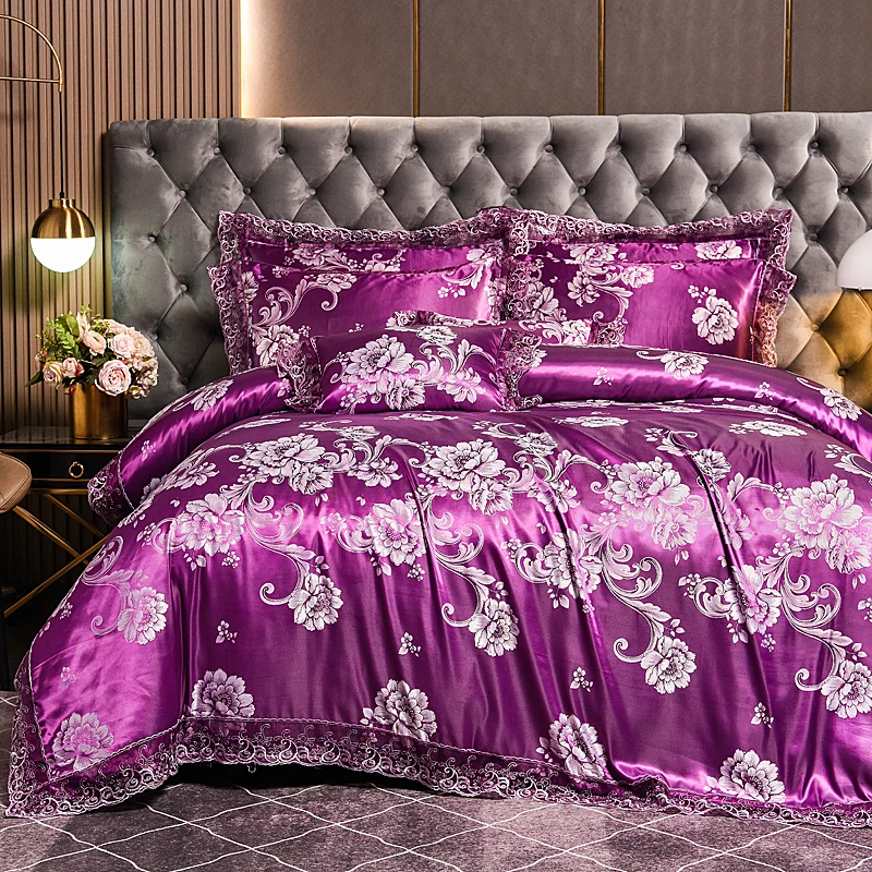 Purple Noble Flower Bedding Set Baroque Style with Lace Trim Duvet Cover Set King Queen Size for Home Decor 2 Pillowcases