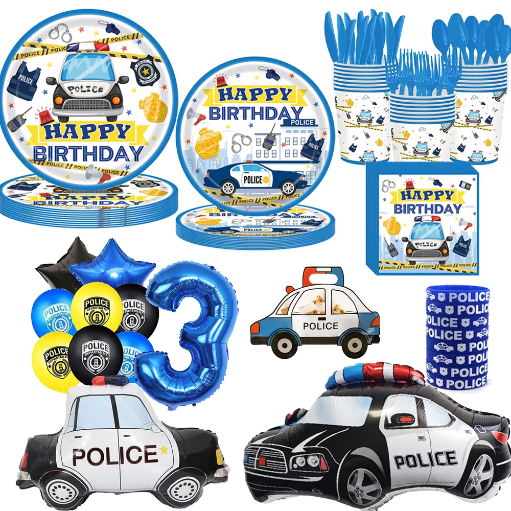 Forniture per feste di compleanno della polizia Piatti di carta usa e getta Tovaglioli Borsa Palloncino Camion della polizia Decorazione per feste a tema compleanno per bambini