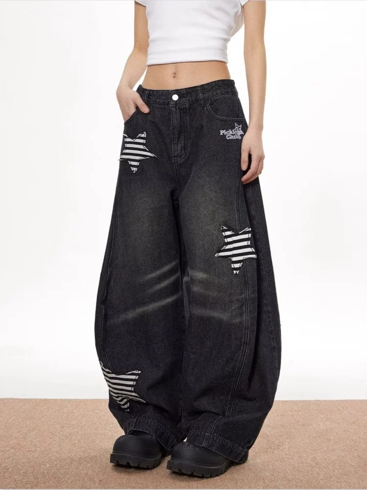2025 American Retro Y2K Fashion Star Ricamo Vintage Pantaloni jeans larghi neri per abbigliamento donna Pantaloni da donna di lusso a gamba larga