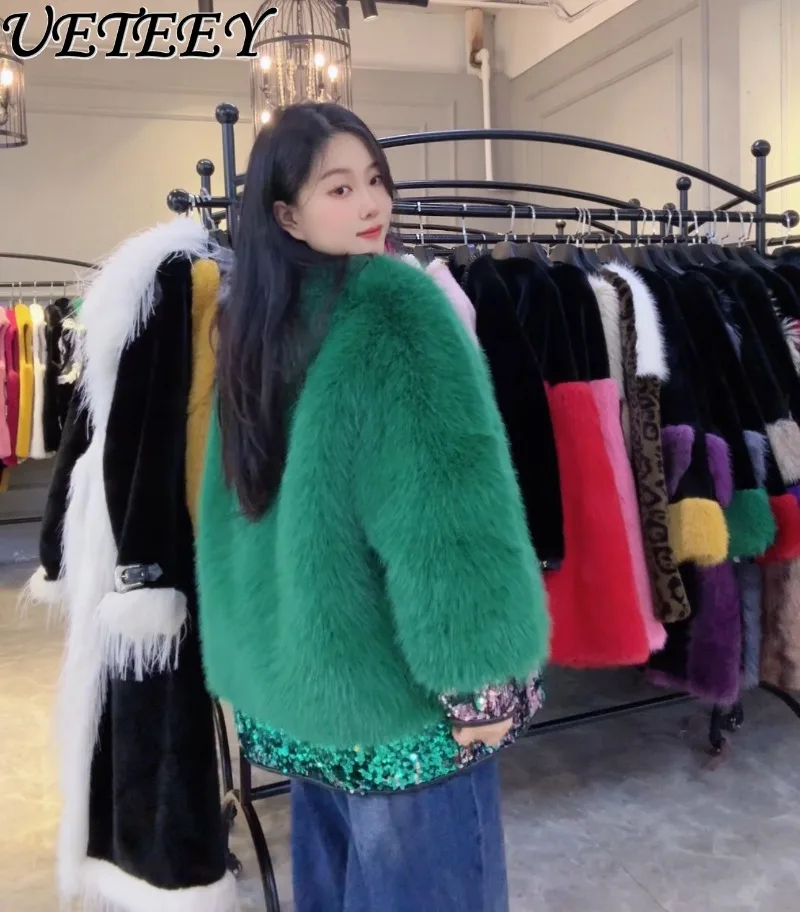 Winter New Shiny Heavy Craft Patchwork Faux Fur Coat Young Fashionable Elegant Versatile Long Sleeve Fur Jacket for Women