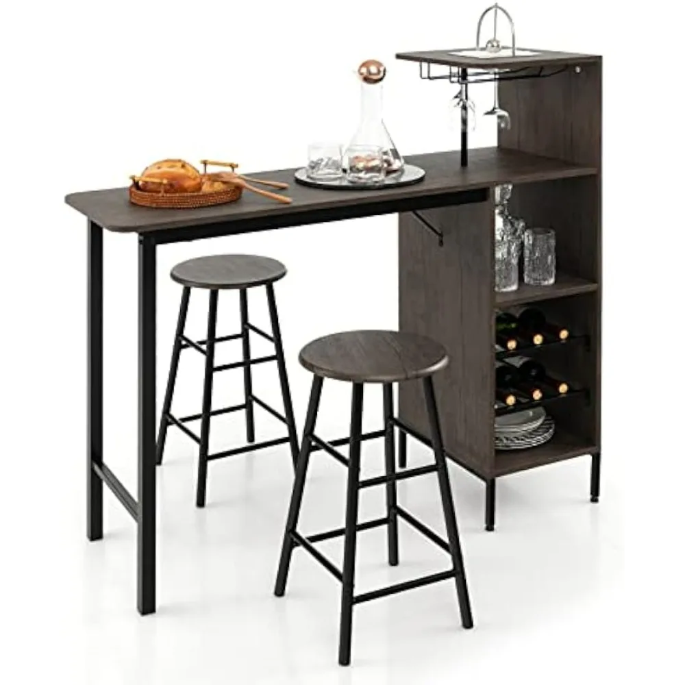 Bar Table and Chairs Set for 2, Counter Height Dining Table Set with Shelves, Cup Holder & Wine Rack