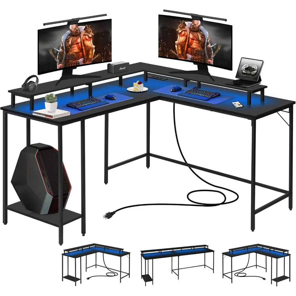 Premium L Shaped Computer Desk with LED Lights and Power Outlet, Reversible Corner Office Desk with Monitor Stand, L Shaped Gami