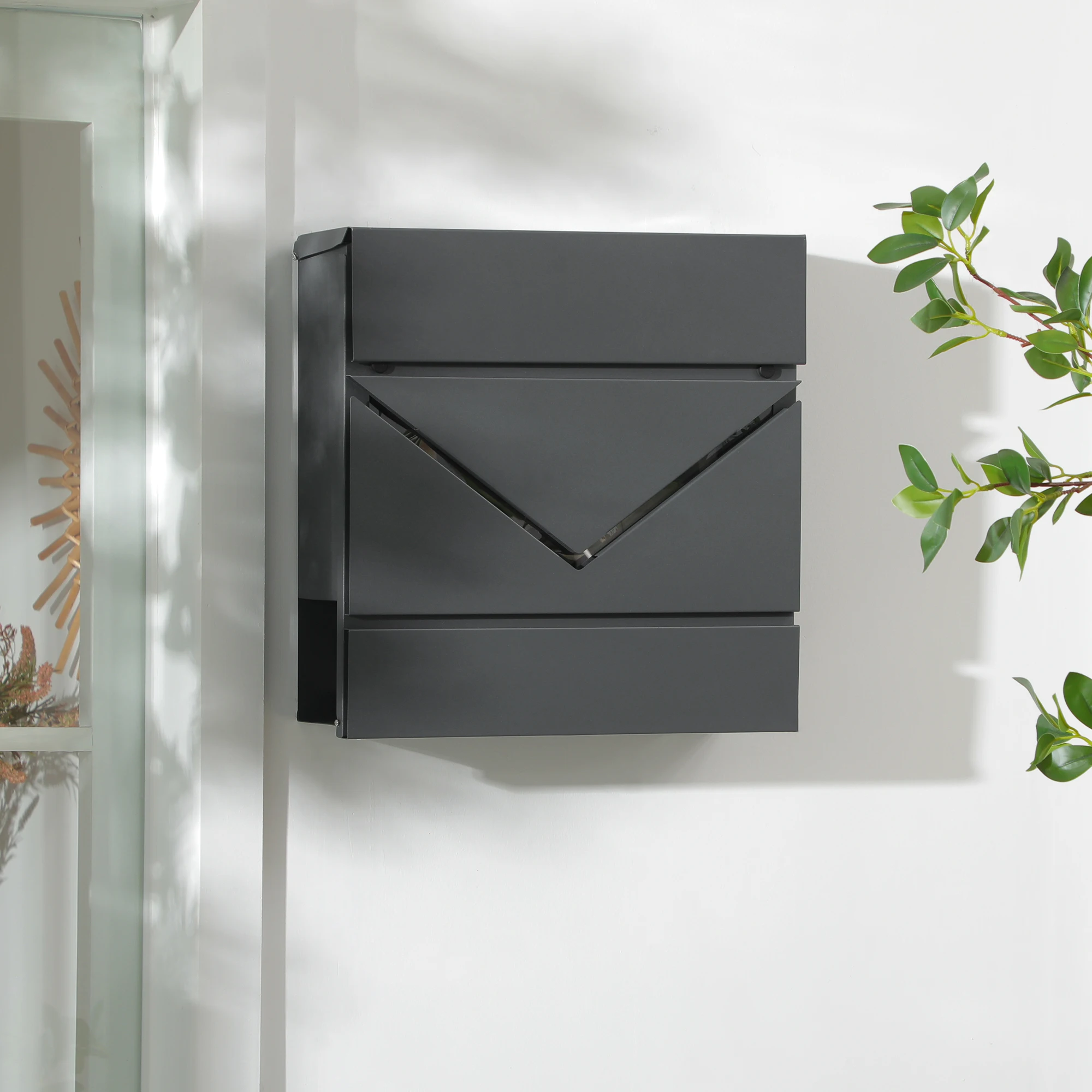 HOMCOM brievenbus Wandbrievenbus met afsluitbaar deksel Gegalvaniseerde stalen postbus voor buiten, 37x10,5x37 cm Donkergrijs