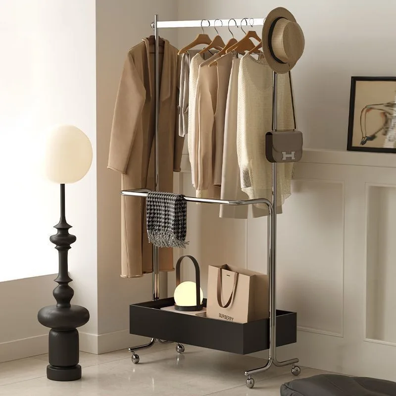 Middle aged master bedroom with wheeled cloth and hat rack,movable double-layer cloth hanging rack,floor mounted cloth hanger