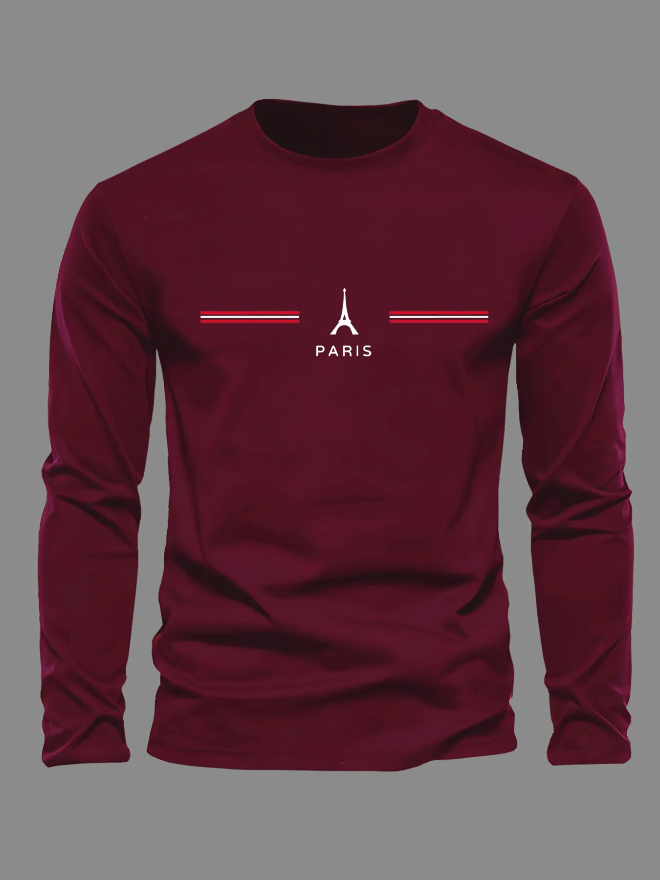 100% algodão puro masculino manga comprida em torno do pescoço solto casual paris padrão impressão primavera e outono versátil camiseta topo