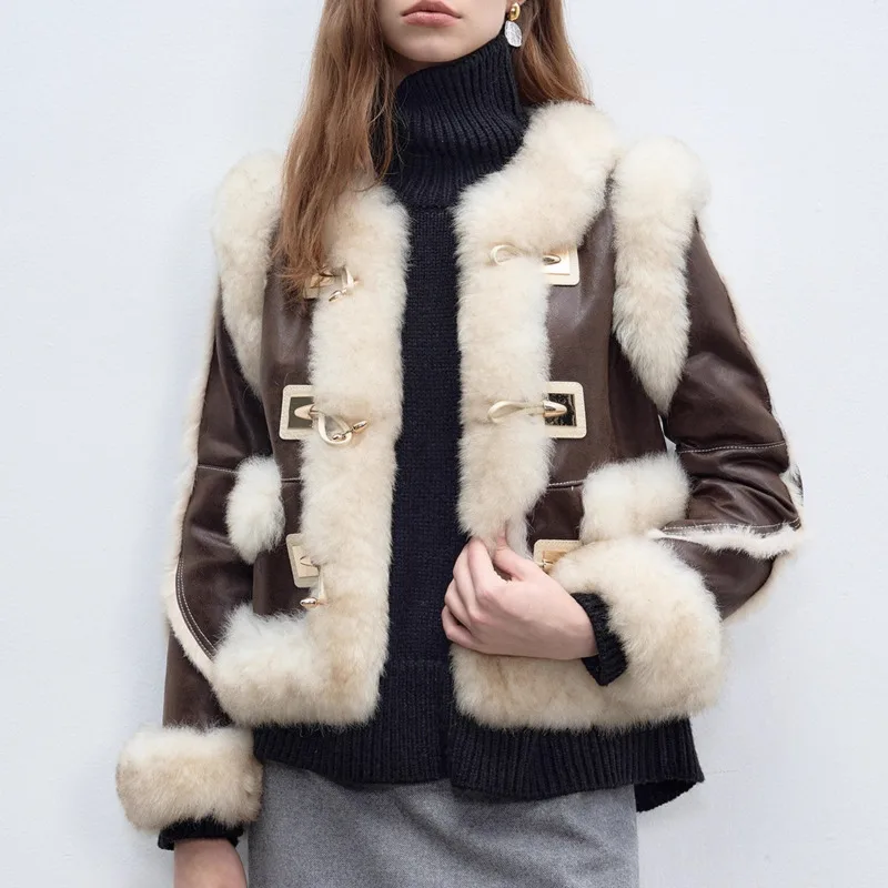 HKSH 가을 겨울 신상 여성용 짧은 인조 모피 코트 대비 색상 싱글 브레스티드 우아한 기품 럭셔리 인스 아우터웨어 HK12966