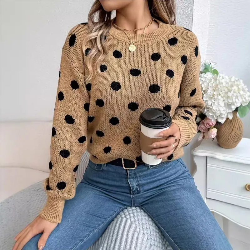 Women\'s Fashion Knitted Sweater 2024 Autumn/Winter New Color Blocked Polka Dot Long Sleeve Hoodie Loose Casual Women\'s Sweater