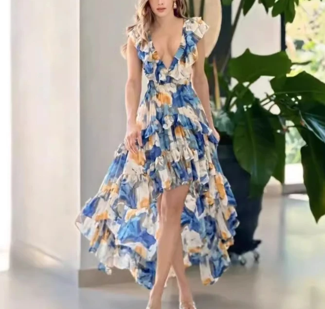 Bohemian Casual Style Fashionable Printed Vacation Long Dress with Low Neckline Sexy Sleeveless Backless Design Trailing Dress