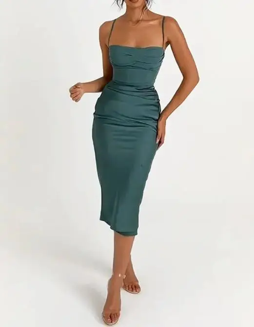 

Sexy Satin Midi Dresses for Women 2024 Summer Women Bodycon Dress Sleeveless Backless Elegant Party Dress Outfits Club Clothes