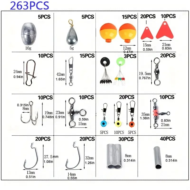 Zestaw akcesoriów wędkarskich z pudełkiem na sprzęt 263 sztuk/zestaw, w tym haczyki na targi do szczytników