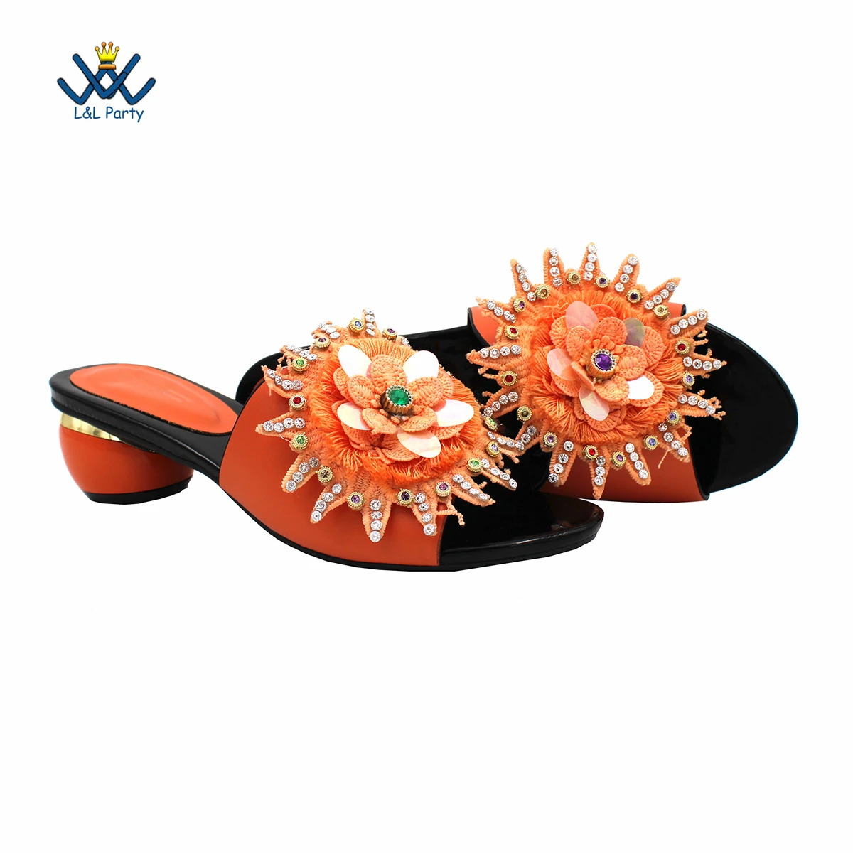 Orange High Quality Peep Toe Slipper wihtout Bag Flowers Design for Nigerian Royal Ladies Wededing Party