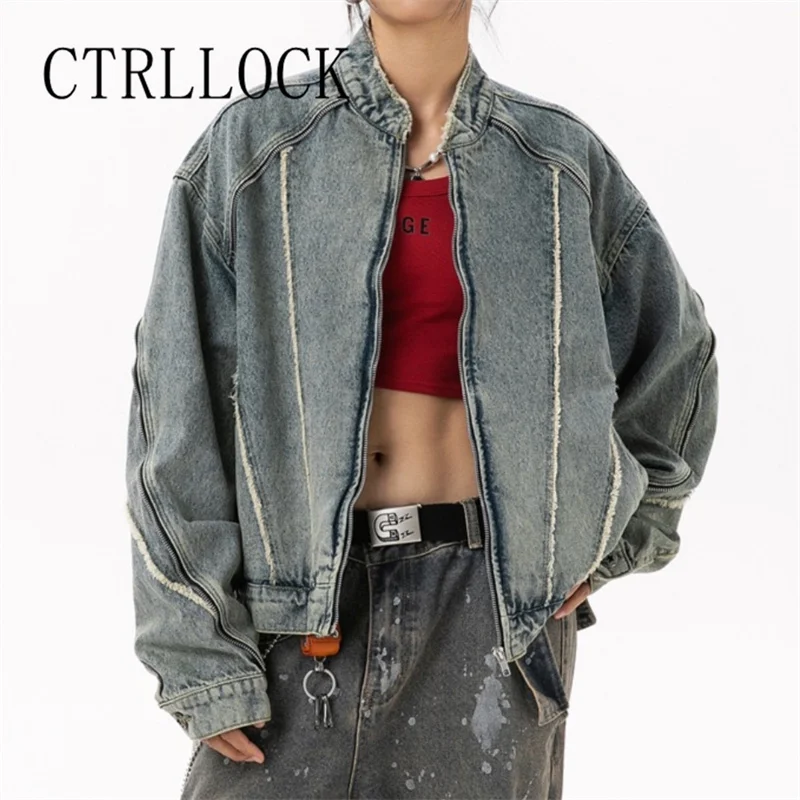 Streetwear Retro Washed Long Sleeve Denim Jacket Women Loose Frayed Tassel Patchwork Jackets