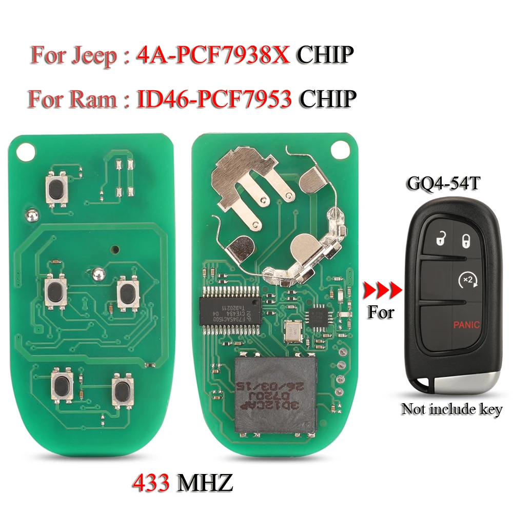 jingyuqin Remote Car Key Circuit Board For Jeep Cherokee Dodge Ram 1500 2500 3500 GQ4-54T 433MHZ 4A-PCF7938X ID46-PCF7953 Chip