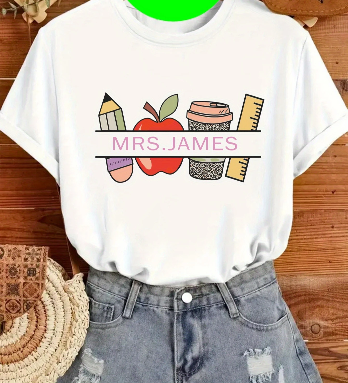 Teacher  Fruit and Vegetable Design Printed Retro Style T-shirt Summer Women's Casual Round Neck Short Sleeve Top Daily Clothing