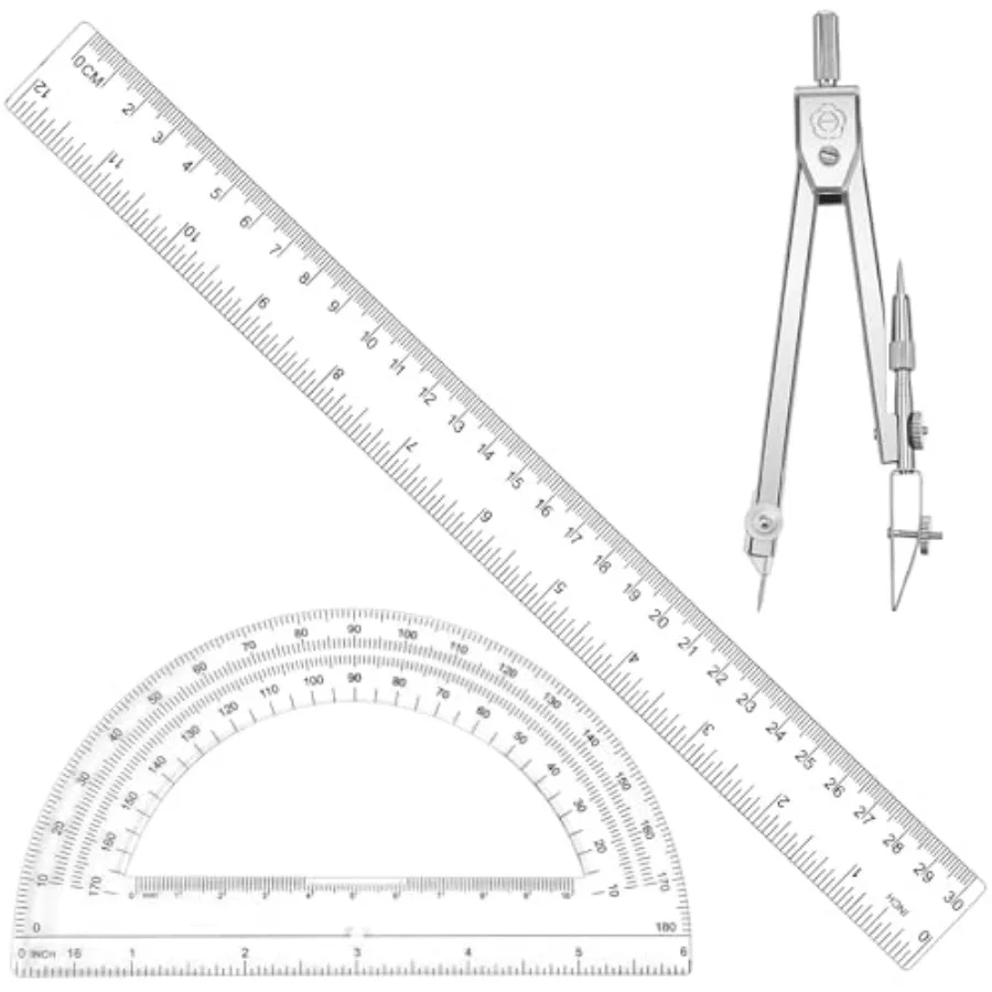 

Student Geometry Math Set for School Office Classroom: Clear Plastic 12 Inch Ruler 6 Inch Protractor Drawing Compass Durable Tr