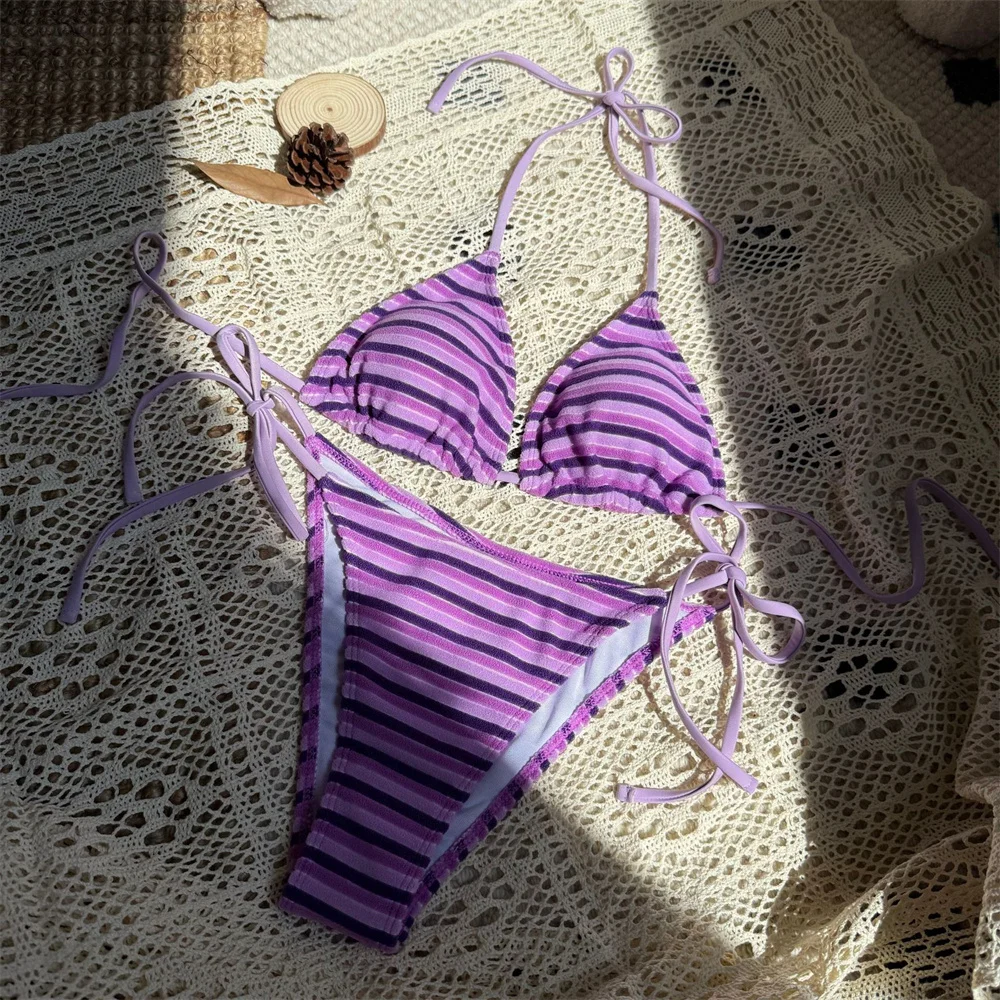 

Purple Striped Bikini Thong Toweling Pink Y2K Swimsuit Triangle String Swimwear Women Beach Bathing Suit Vacation Summer Outfits