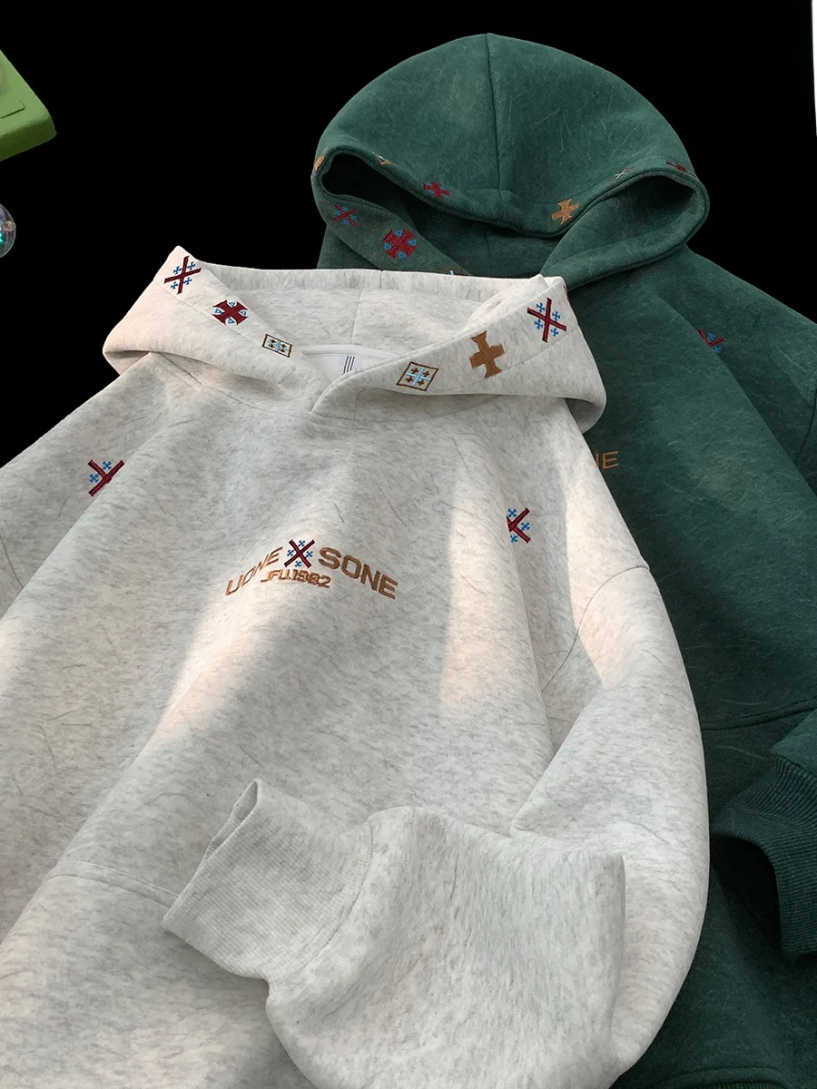 

Мужская зимняя толстовка American Sle с вышивкой, новая, утепленная, на флисовой подкладке, свободного кроя, с длинными рукавами, для подростков и молодежи