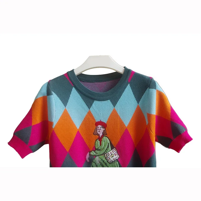 2024 Summer Argyle Sequines Knitted T Shirt Women Fashion Casual Cartoon O-Neck Short Sleeve Sweater Pullover Ladies Tops Tees