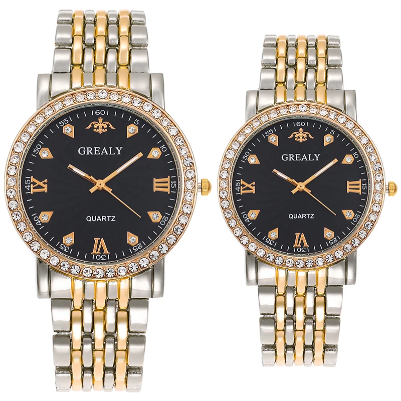 طقم سوار فولاذي مع ساعة رجالية مرصعة بالألماس، ساعة كوارتز نسائية كاجوال بمقياس، زوجين #6