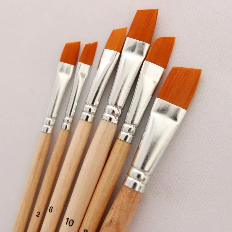 6 pcs New wood pole gouache brushes Oblique peak acrylic brush sets yellow nylon hair watercolor colorful painting art painting